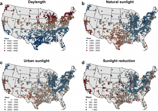 Annual Sunlight Maps for 1,353 U.S. Cities in 2020: a) Day Length: Sunlight duration from sunrise to sunset. b) Natural Sunlight: Actual sunlight owing to cloud cover. c) Urban Sunlight: Sunlight over built-up areas. d) Sunlight Reduction in Built-Up Areas: Difference between natural and urban sunlight due to 3D urban structures.